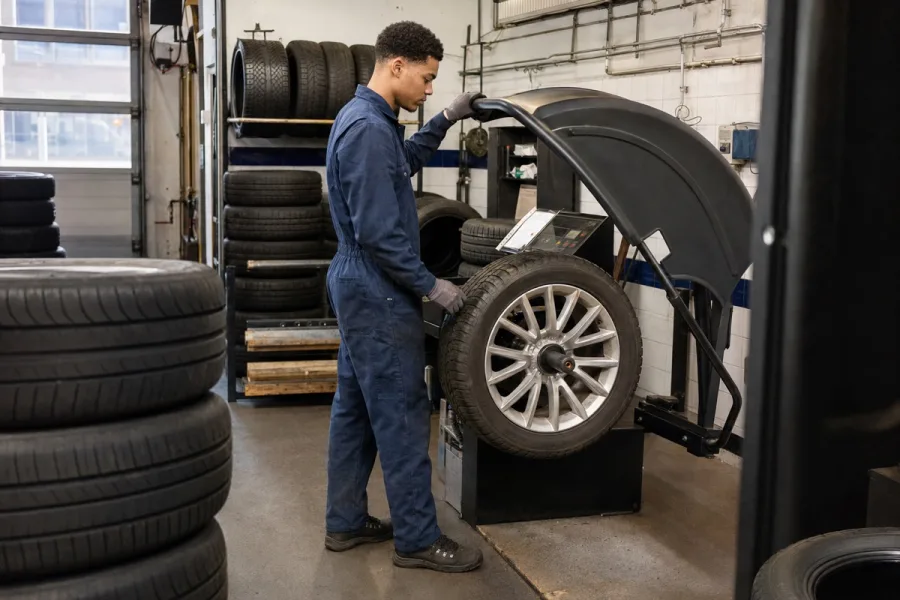 Bandenmonteur balanceert een autoband op de balanceermachine in de werkplaats