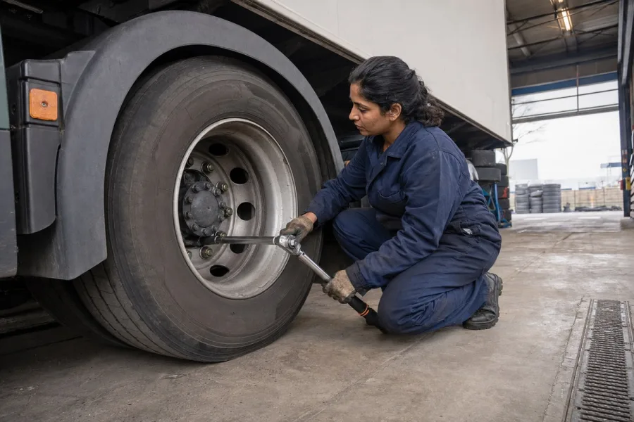 Bandenmonteur zet met een momentsleutel de wielmoeren van een truckband vast in de werkplaats