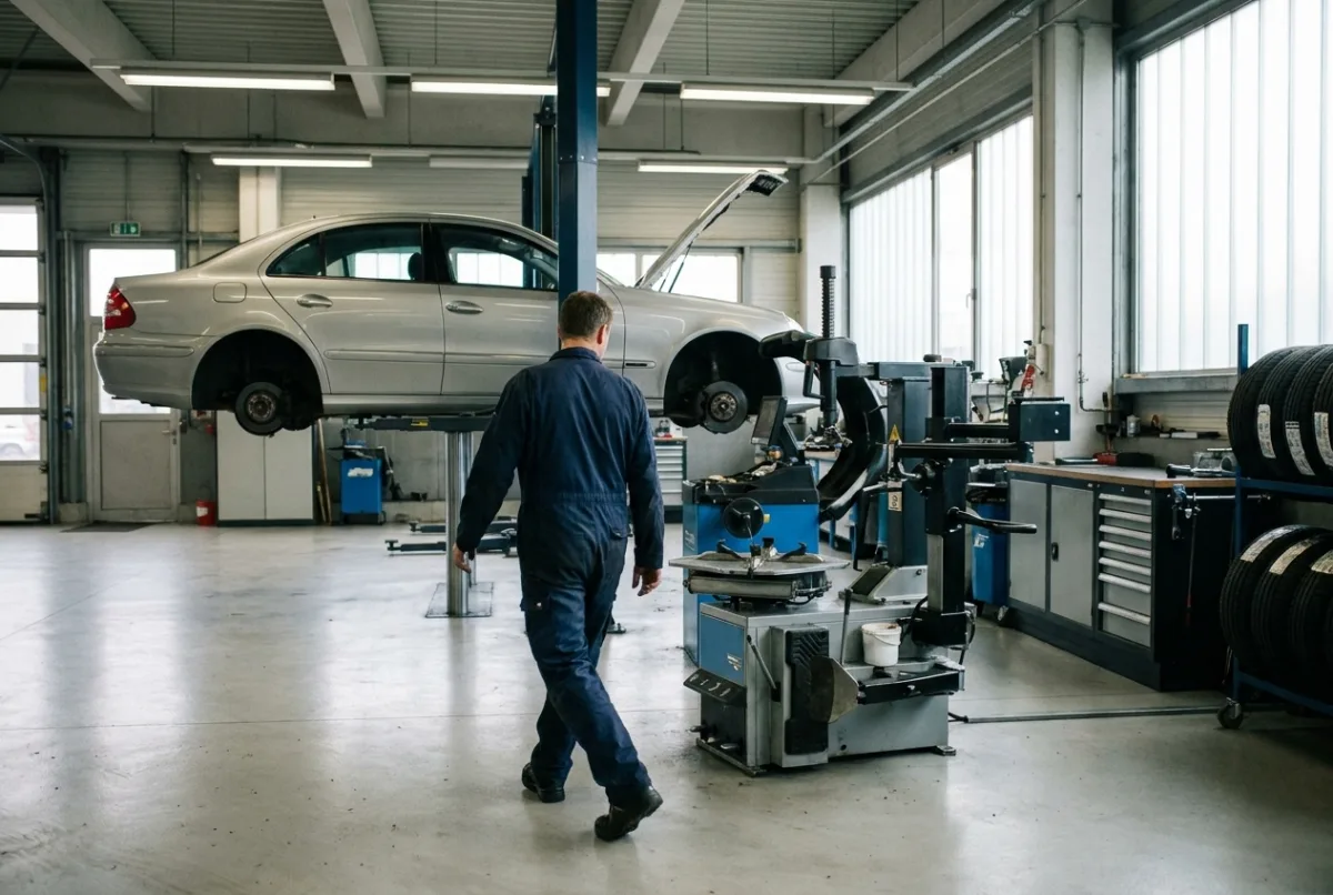Monteur loopt door een lichte werkplaats met een auto op de hefbrug en een bandenwisselmachine op de voorgrond