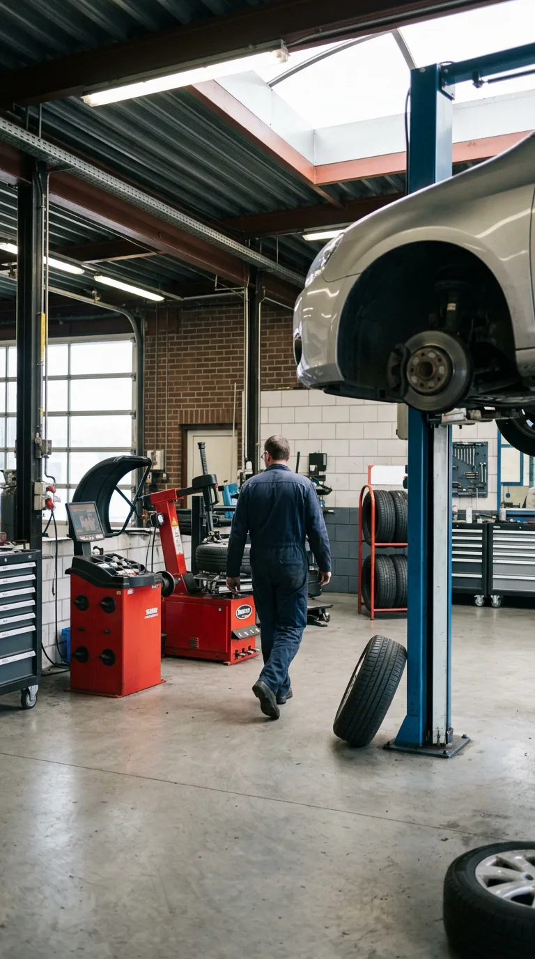 Monteur loopt door de werkplaats langs de balanceermachine en bandenwisselmachine, met een auto op de hefbrug