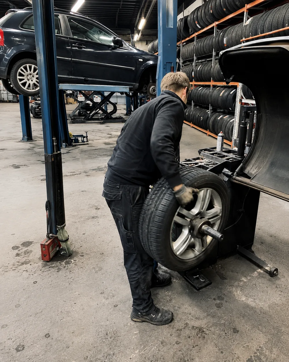 Monteur tilt een wiel op de balanceermachine, met bandenrekken op de achtergrond