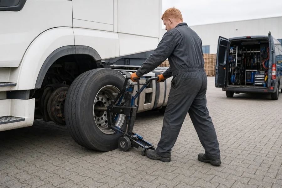 Truckbandenmonteur rijdt met een wielwagen een truckband naar een vrachtwagen, met de servicebus ernaast